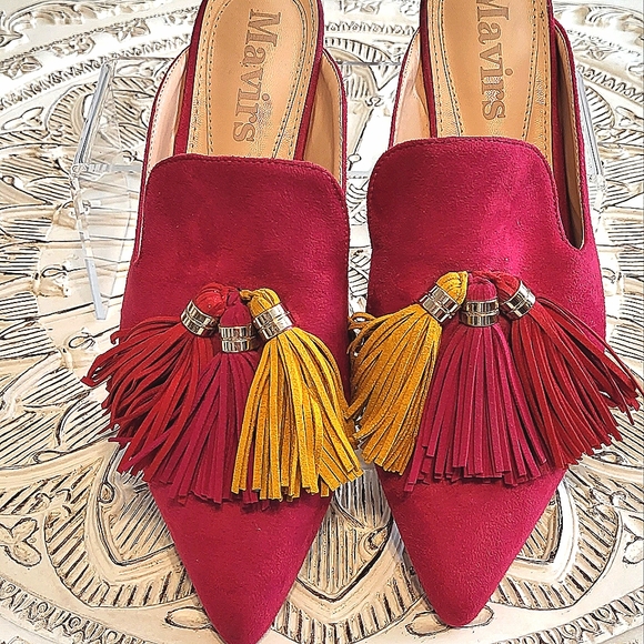 mavirs Shoes - Mavirs Raspberry Colored Pointed Toe Tassel Mules With Gold Heel Size 8